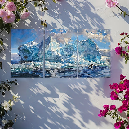 3pcs Iceberg Seascape Coastal Antarctica Scenery Wall Art Set Canvas Framed 60x90cm - High Quality Print 100% Australian Made Wall Canvas Ready to Hang
