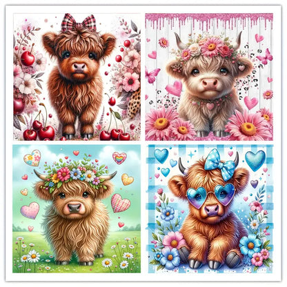 4pcs Little Cow Wih Bow And Flower Crown Wall Art Canvas Framed