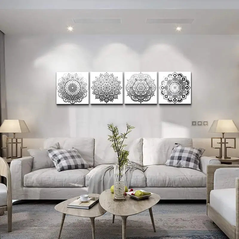 4pcs Black And White Mandala Wall Art Canvas Framed