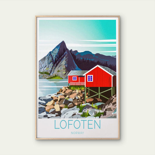Lofoten In Norway, Lake View & Red House Travel Poster Print Wall Art