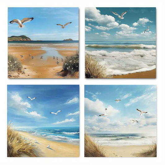 4pcs Modern Abstract Beach Canvas Wall Art Canvas Framed