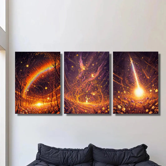 3pcs Golden Rainbow Colorful Fairy Abstract Fantasy Metal Print Ready to Hang Art
