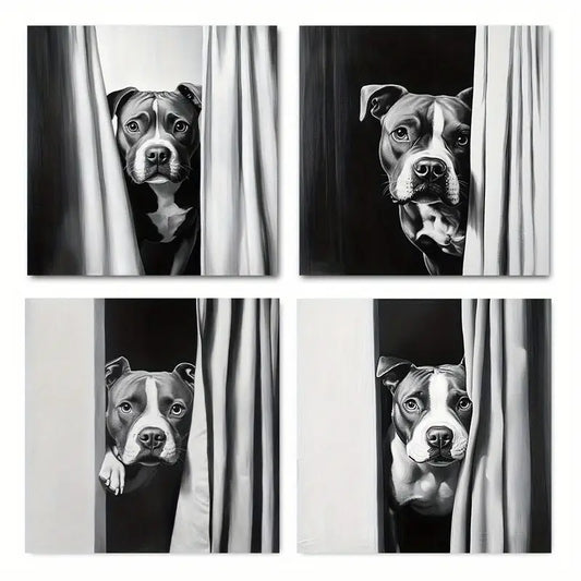 4pcs Dog Peeking Out Of Shower Curtain Wall Art Canvas Framed