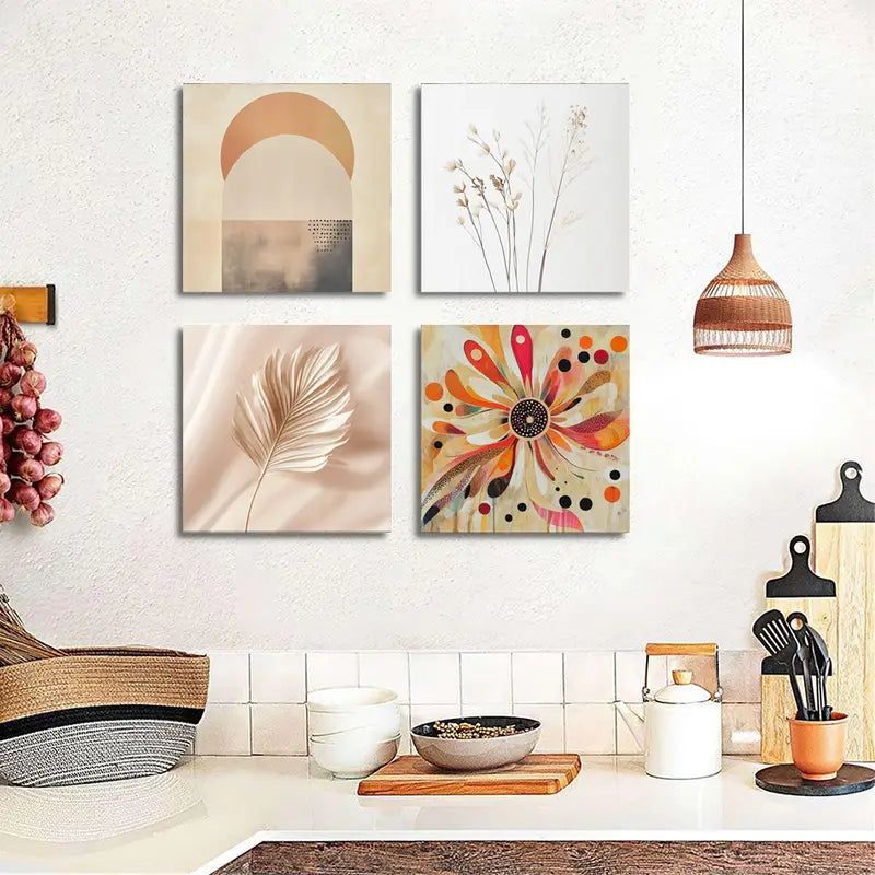 4pcs Geometric Shapes & FloralWall Art Canvas Framed