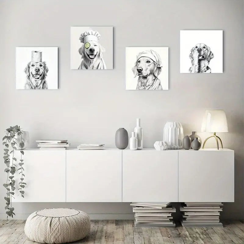4pcs  Fun Golden Retrieve  Wall Art Canvas Framed