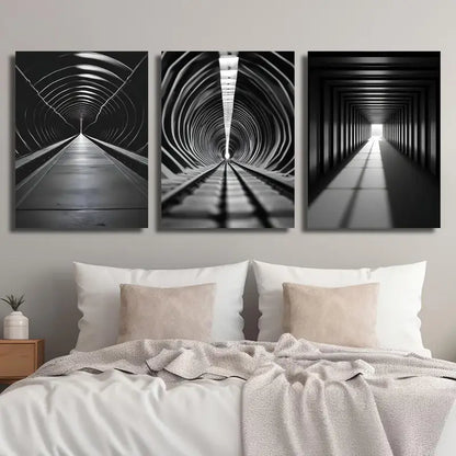 3pcs Black and White Long Tunnel Minimalist Abstract Metal Print Ready to Hang Art