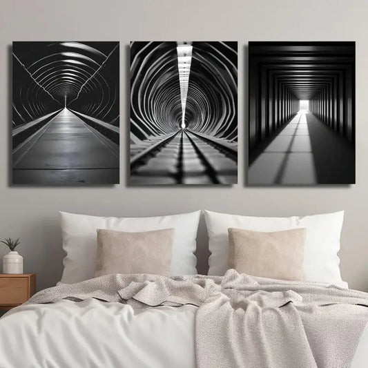 3pcs Black and White Long Tunnel Minimalist Abstract Metal Print Ready to Hang Art