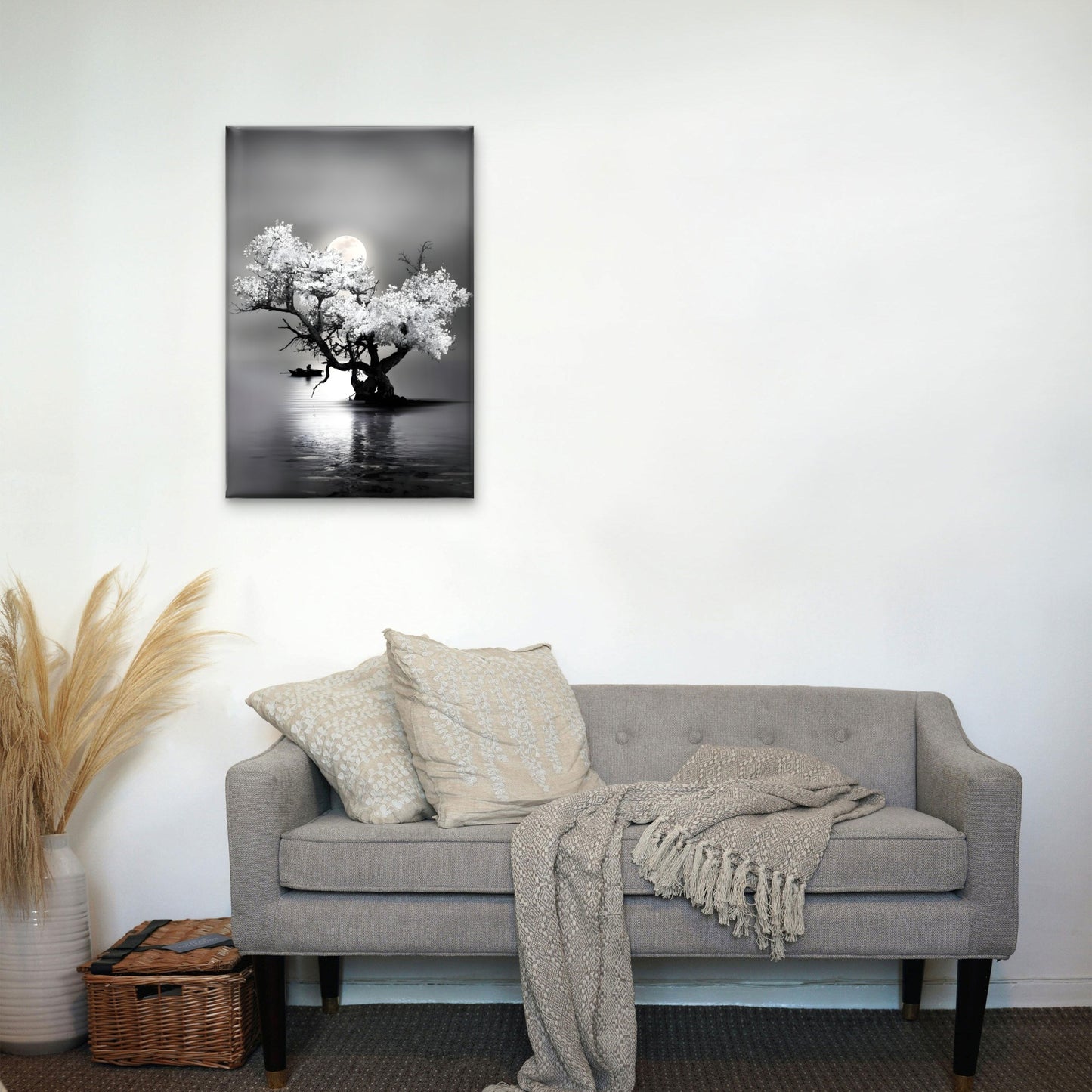 Bella Home Amazing Night View of Tree on Lake with Full Moon Print Canvas Ready to hang