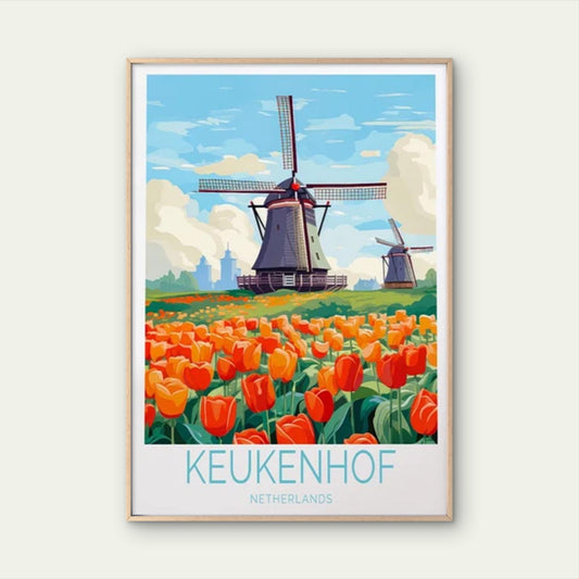Keukenhof Netherlands, Tulip & Windmill Travel Poster Print Wall Art