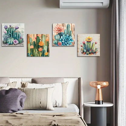 4pcs Floral Decor Art Prints, Cactus Wall Art Canvas Framed