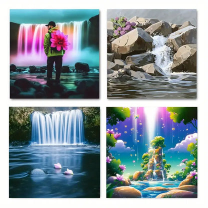 4pcs Bamboo Leaves, Waterfall & Nature Scenes Wall Art Canvas Framed