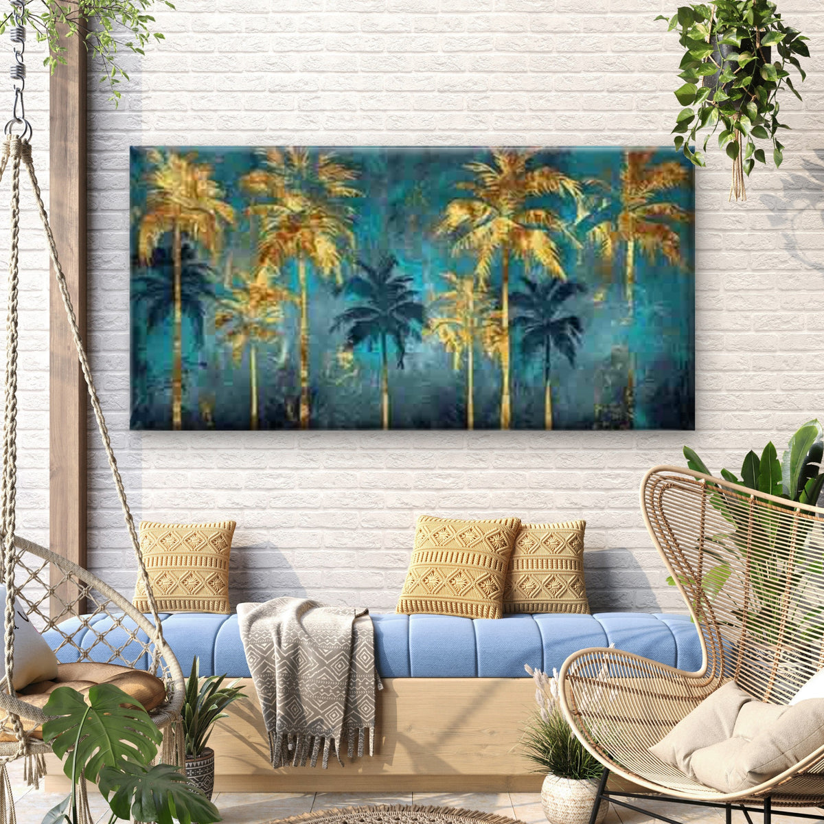 Yellow and Teal Palm Tree Wall Art Canvas Office Home Room Framed 120x60cm