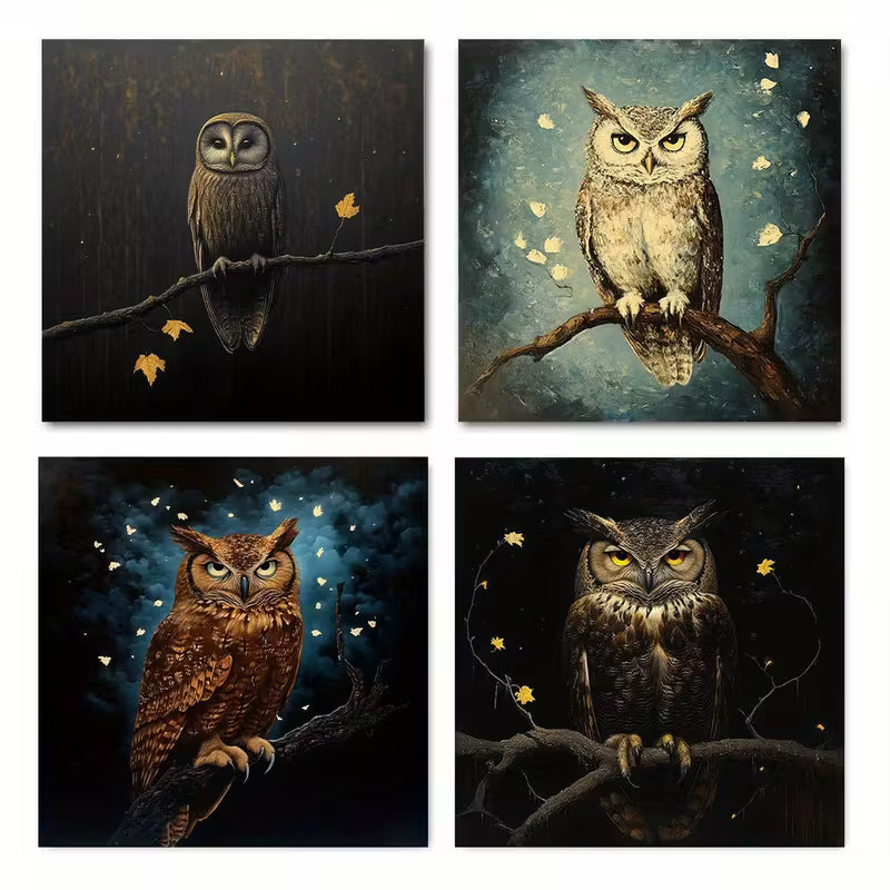 4pcs Owl Deco Themed Wall Art Canvas Framed