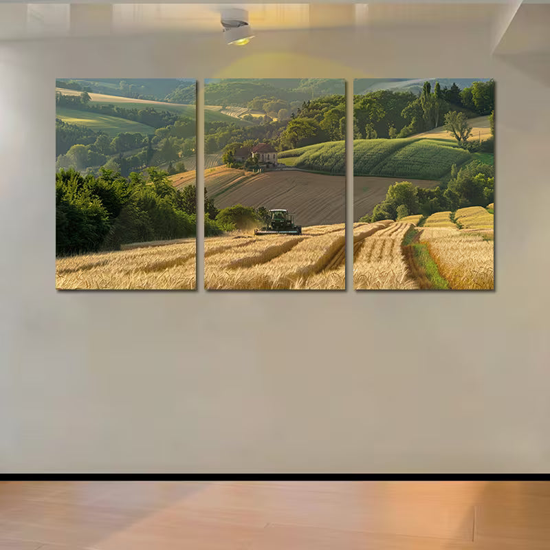3pcs Golden Valley Harvest Scene with Tractor & Rolling Fields Wall Art Set Canvas Framed 40x60cm - High Quality Print 100% Australian Made Wall Canvas Ready to Hang