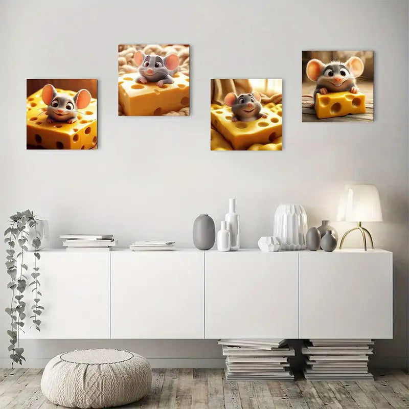 4pcs Cheese Bed Mouse Canvas Wall Art Canvas Framed