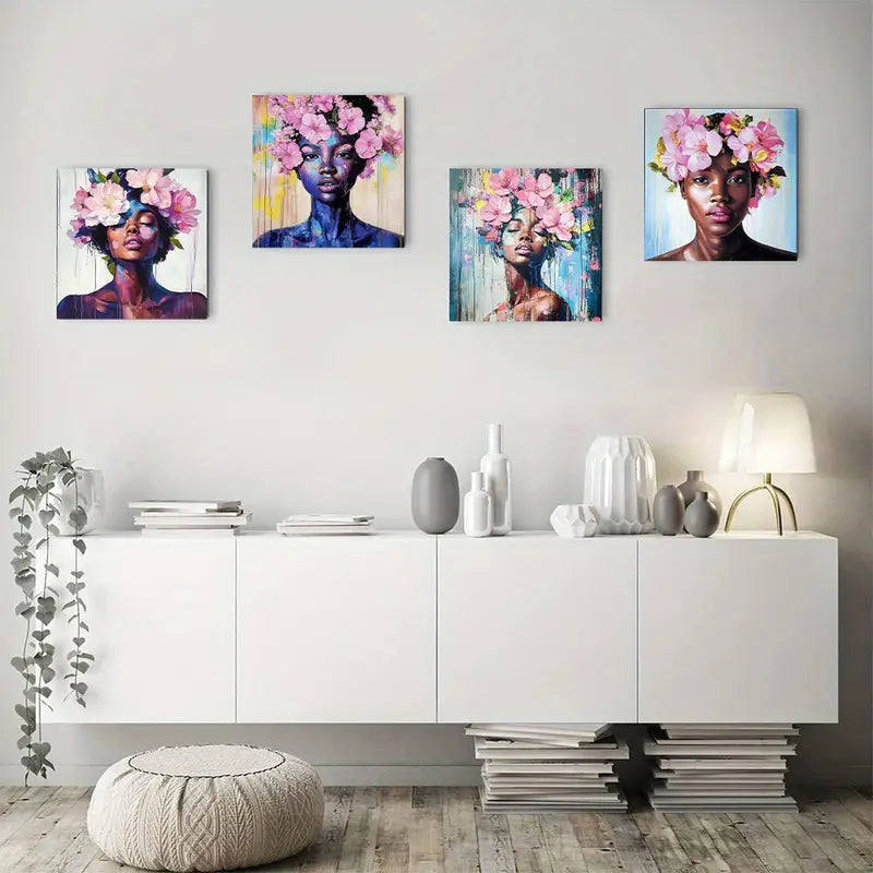 4pcs Abstract Art Flowe Art Deco  Wall Art Canvas Framed