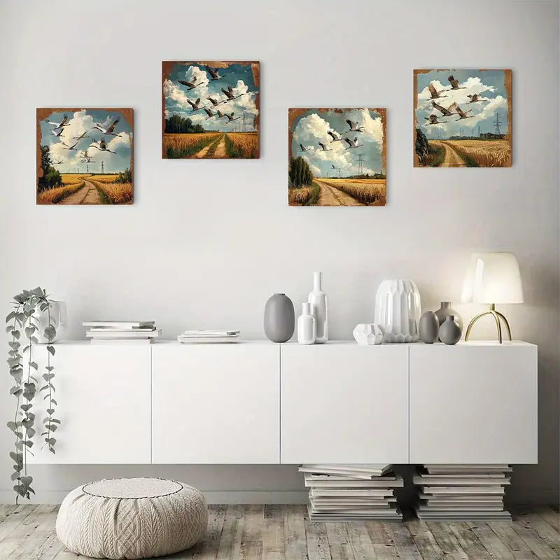 4pcs Chic Bird Flying Scene with Golden GH     Wall Art Canvas Framed