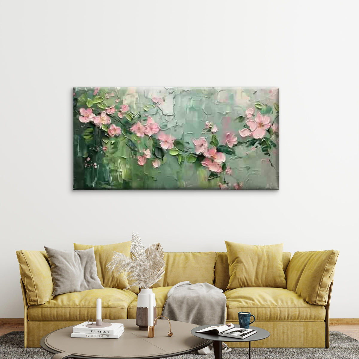 Pink Blossoms And Green Leaves Wall Art Canvas Office Home Room Framed 120x60cm