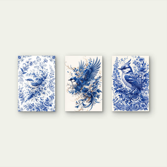 3pcs Porcelain Style Floral Bluebird Painting Wall Art Set Canvas Framed 50x70cm - High Quality Print 100% Australian Made Wall Canvas Ready to Hang