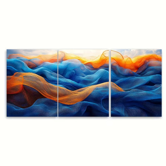 3pcs Vibrant Blue & Orange Fishing Nets Design Metal Print Ready to Hang Art
