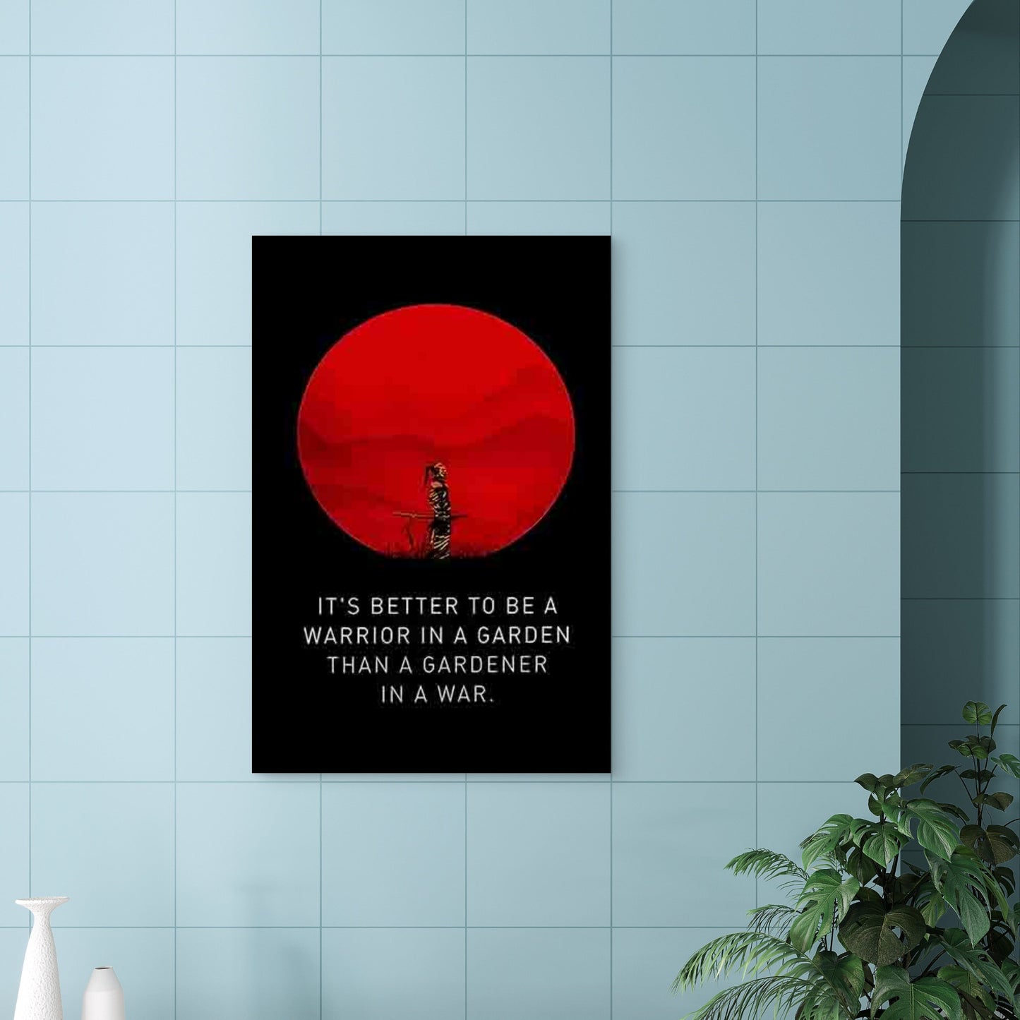 Japanese Samurai & Red Circle Mountain Bird 60x90cm Metal Print Ready to Hang - Bella Home Decor