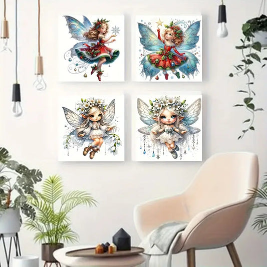 4pcs Fairy Tail Little Girl Wall Art Canvas Framed