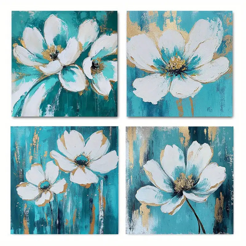 4pcs Teal Green Flower  Picture FP   Wall Art Canvas Framed