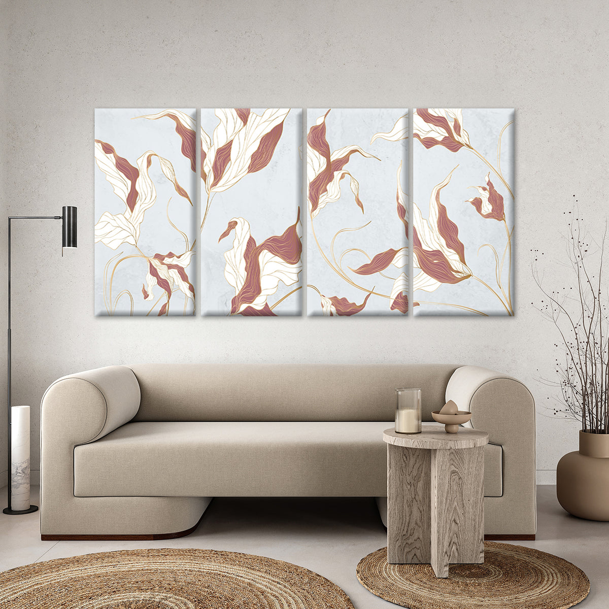 4pcs Abstract Mauve Pink Gold Leaf Plant Line Wall Art Canvas Framed 45x80cm        - High Quality Print 100% Australian Made Wall Canvas Ready to Hang