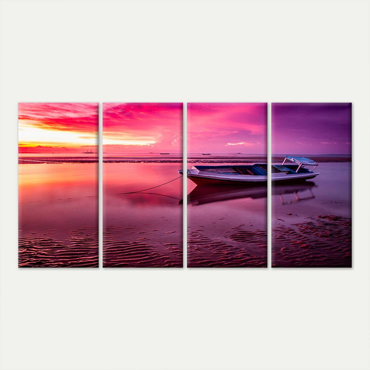4pcs Vibrant Pink Purple Sunset Beach & Boat Wall Art Canvas Framed 45x80cm - High Quality Print 100% Australian Made Wall Canvas Ready to Hang