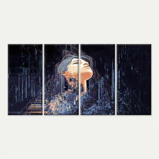 4pcs Profound Cyberpunk Glitch Woman Face Wall Art Canvas Framed 45x80cm - High Quality Print 100% Australian Made Wall Canvas Ready to Hang