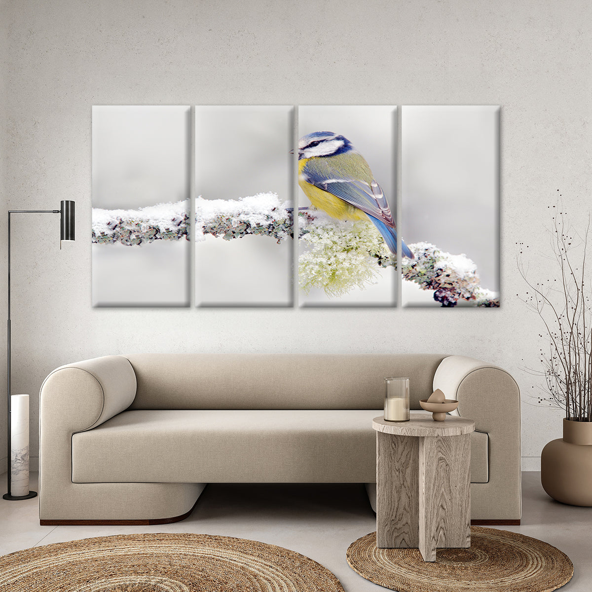 4pcs Splendrous Blue Tit Bird Snow Branch Wall Art Canvas Framed 45x80cm - High Quality Print 100% Australian Made Wall Canvas Ready to Hang