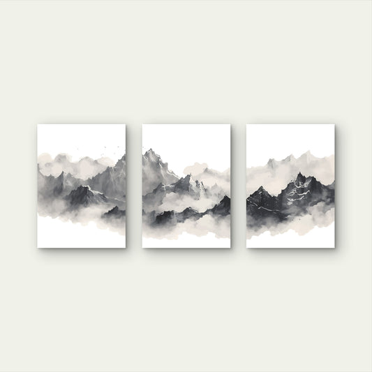 3pcs Minimalist Watercolor Misty Mountain Ink Wall Art Set Canvas Framed 50x70cm - High Quality Print 100% Australian Made Wall Canvas Ready to Hang
