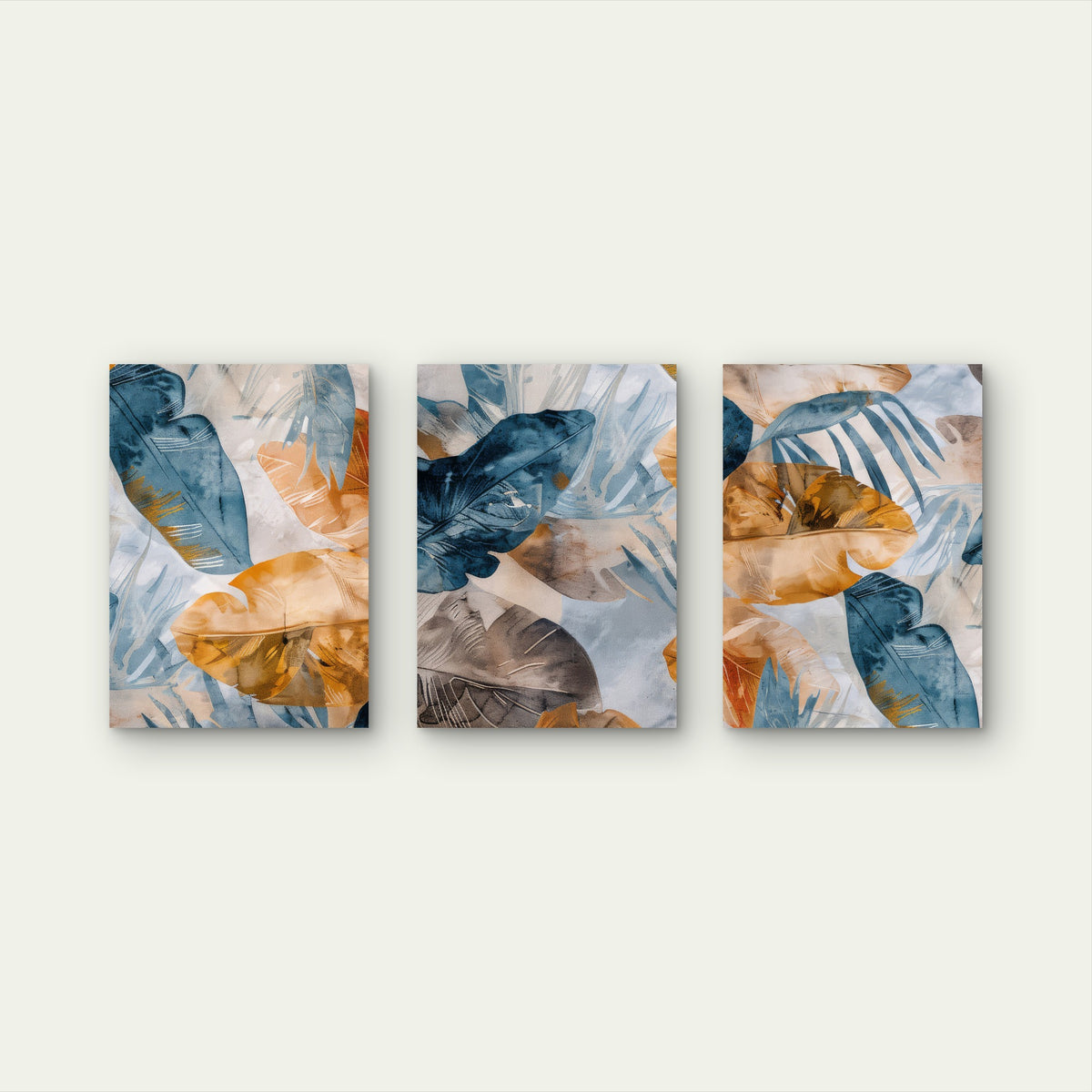 3pcs Abstract Blue Navy and Gold Tropical Leaves Wall Art Set Canvas Framed 60x90cm - High Quality Print 100% Australian Made Wall Canvas Ready to Hang