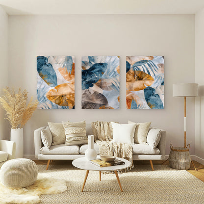 3pcs Abstract Blue Navy and Gold Tropical Leaves Wall Art Set Canvas Framed 50x70cm - High Quality Print 100% Australian Made Wall Canvas Ready to Hang