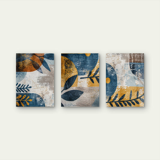 3pcs Abstract Mid Century Blue and Gold Boho Wall Art Set Canvas Framed 60x90cm - High Quality Print 100% Australian Made Wall Canvas Ready to Hang