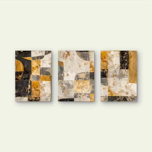 3pcs Abstract Black Gold and White Geometric Wall Art Set Canvas Framed 50x70cm - High Quality Print 100% Australian Made Wall Canvas Ready to Hang