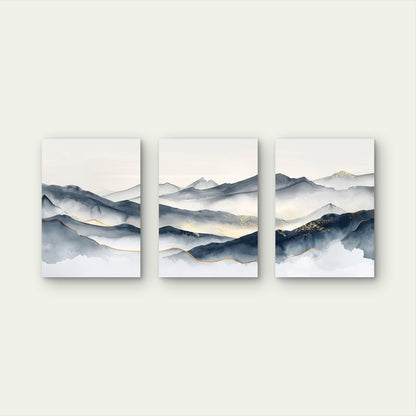 3pcs Abstract Navy Blue and Gold Foil Mountain Wall Art Set Canvas Framed 60x90cm - High Quality Print 100% Australian Made Wall Canvas Ready to Hang
