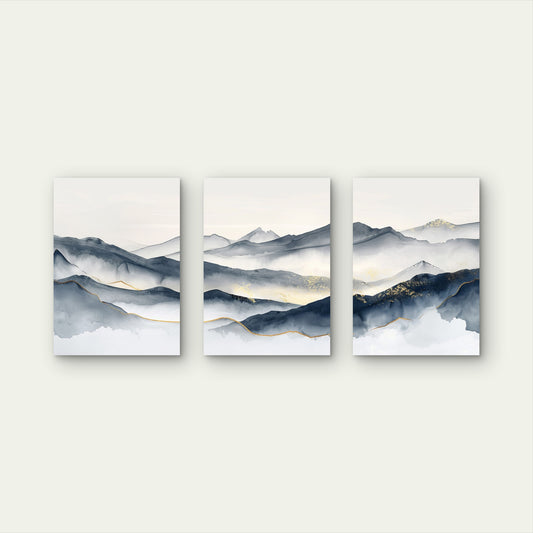 3pcs Abstract Navy Blue and Gold Foil Mountain Wall Art Set Canvas Framed 60x90cm - High Quality Print 100% Australian Made Wall Canvas Ready to Hang