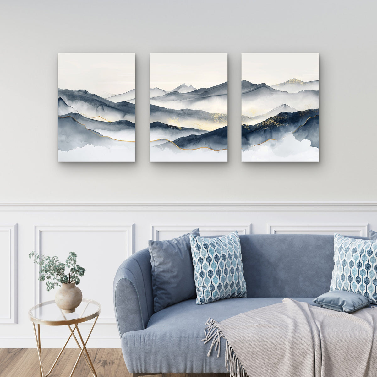 3pcs Abstract Navy Blue and Gold Foil Mountain Wall Art Set Canvas Framed 60x90cm - High Quality Print 100% Australian Made Wall Canvas Ready to Hang