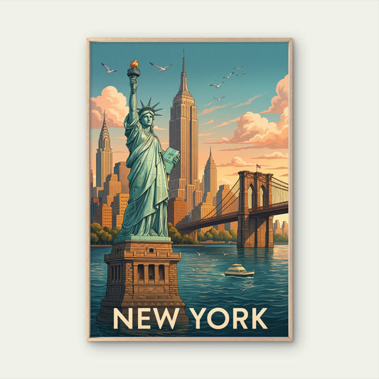 Retro NYC Statue of Liberty Skyline Travel Poster Print Wall Art