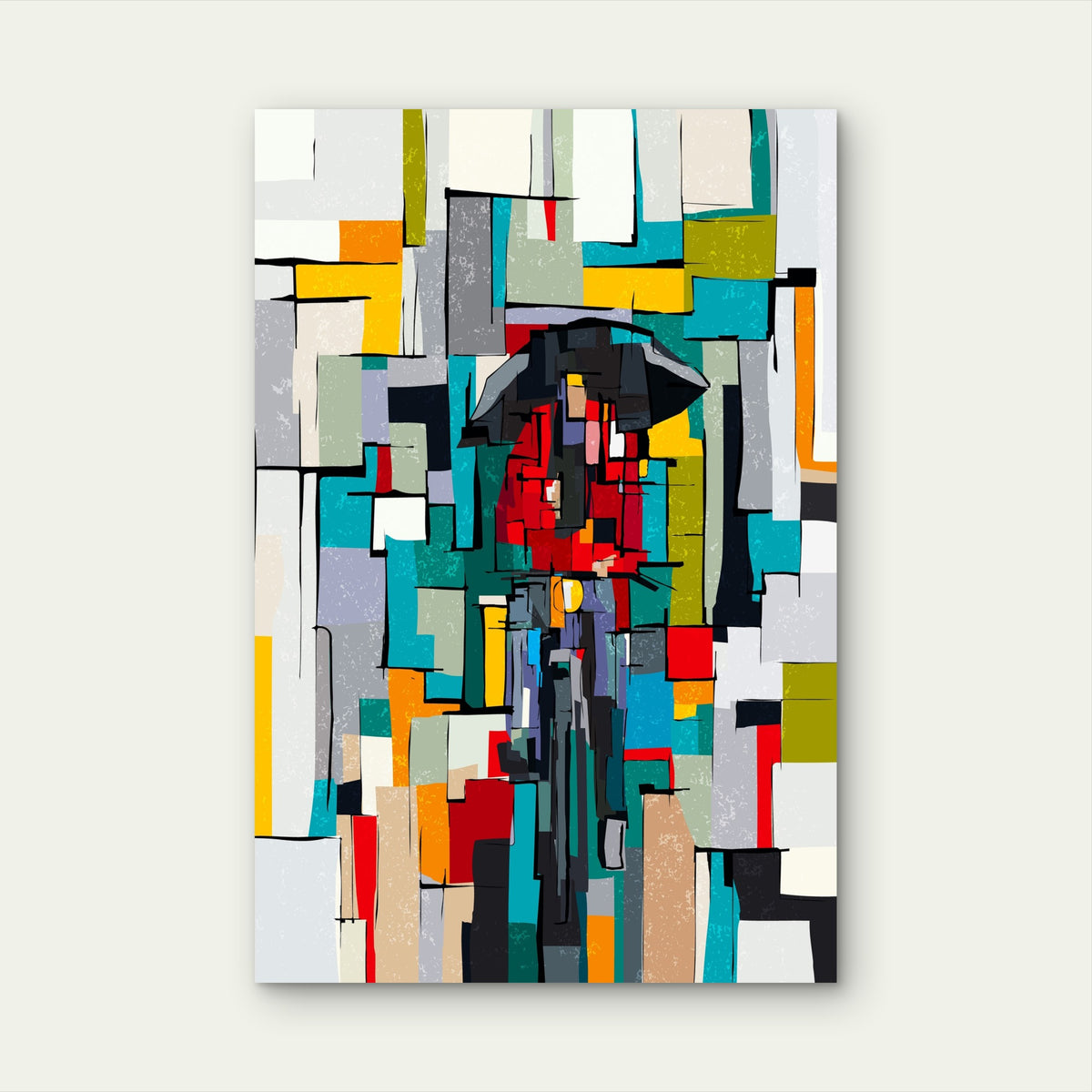 Abstract Geometric Cubism Man with Umbrella 40x60cm Metal Print Ready to Hang