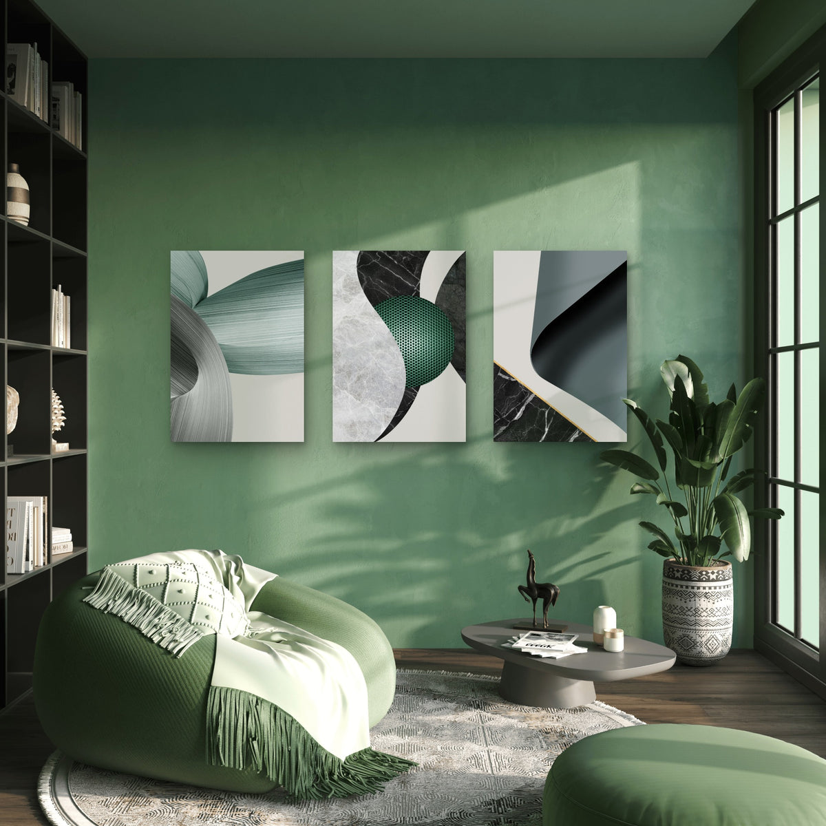 3pcs Minimalist Modern Green Black Marble Wall Art Set Canvas Framed 60x90cm - High Quality Print 100% Australian Made Wall Canvas Ready to Hang