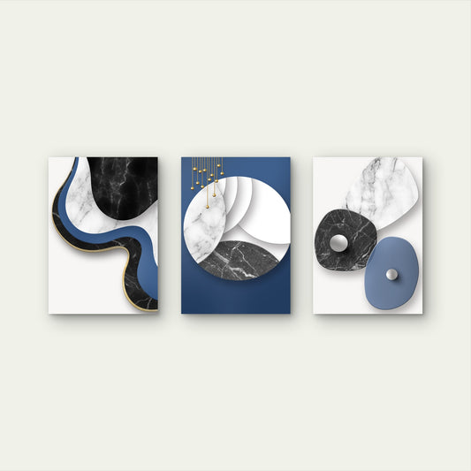 3pcs Minimalist Modern Navy Blue Marble Wall Art Set Canvas Framed 50x70cm - High Quality Print 100% Australian Made Wall Canvas Ready to Hang