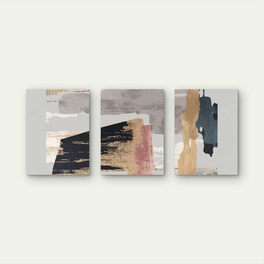 3pcs Nordic Modern Abstract Gold Grey Brush Wall Art Set Canvas Framed 60x90cm - High Quality Print 100% Australian Made Wall Canvas Ready to Hang
