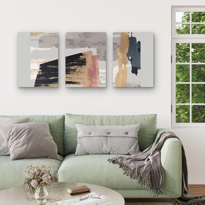 3pcs Nordic Modern Abstract Gold Grey Brush Wall Art Set Canvas Framed 50x70cm - High Quality Print 100% Australian Made Wall Canvas Ready to Hang