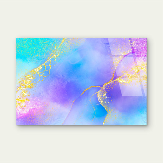 Abstract Teal Purple Fluid Ink Gold Glitter Acrylic Glass Printing Wall Art Australian Made Quality