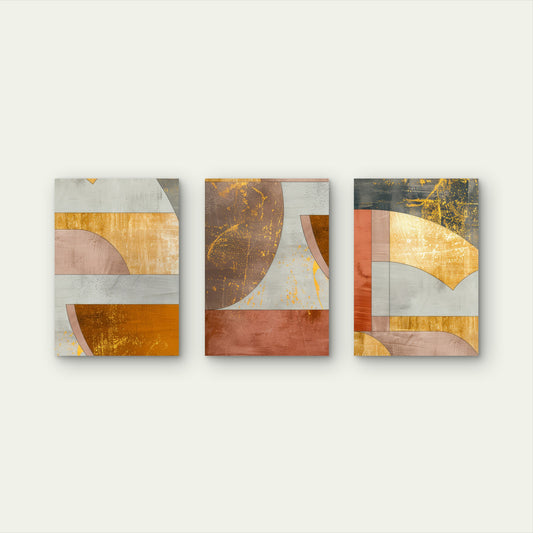 3pcs Terracotta Geometric Gold Grey Abstract Wall Art Set Canvas Framed 50x70cm - High Quality Print 100% Australian Made Wall Canvas Ready to Hang