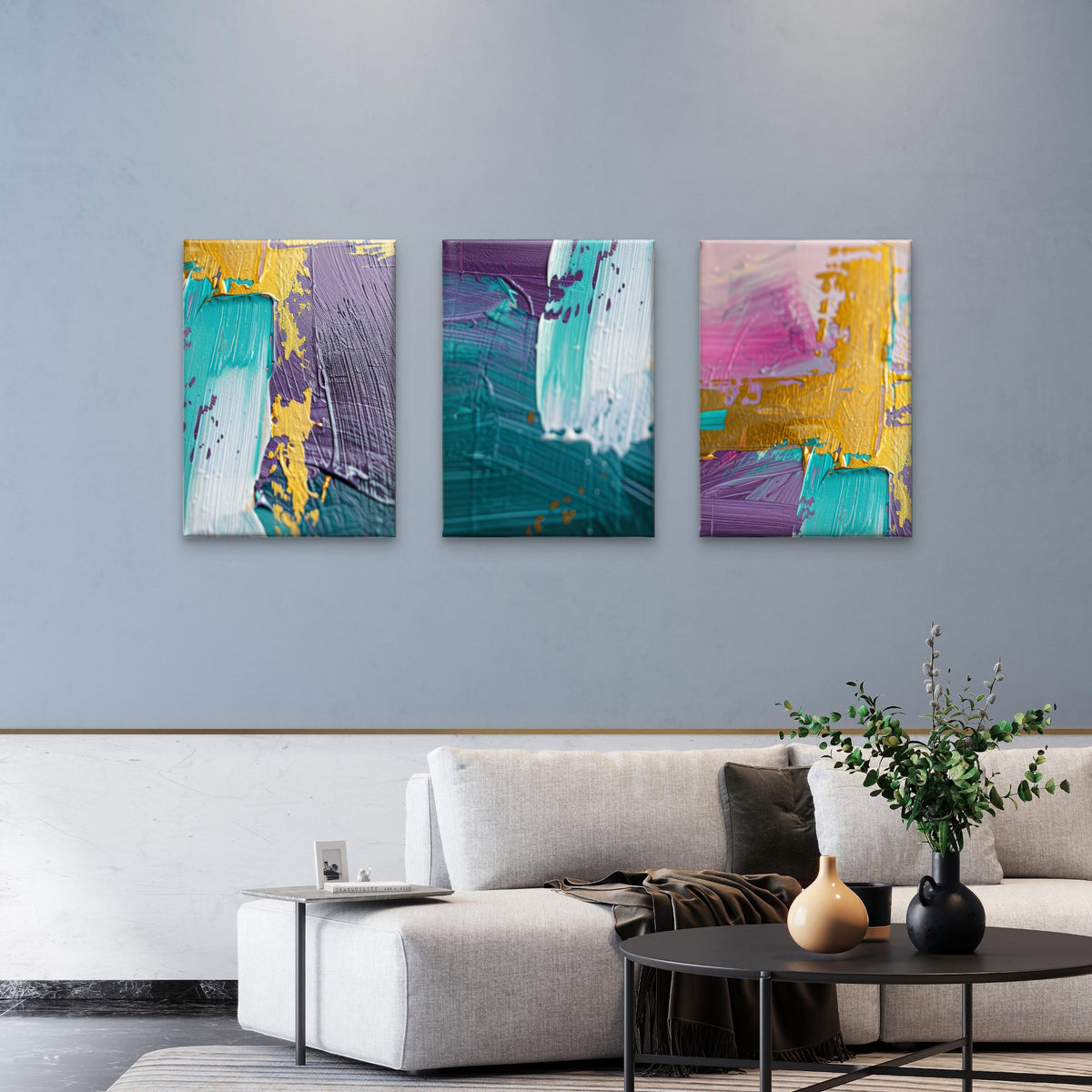 3pcs Purple Pink Gold Abstract Brush Stroke Wall Art Set Canvas Framed 60x90cm - High Quality Print 100% Australian Made Wall Canvas Ready to Hang