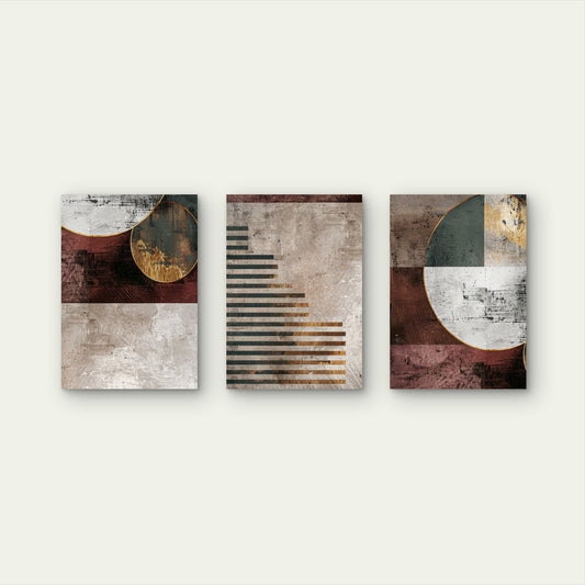 3pcs Geometric Abstract Burgundy Green Gold Wall Art Set Canvas Framed 60x90cm - High Quality Print 100% Australian Made Wall Canvas Ready to Hang