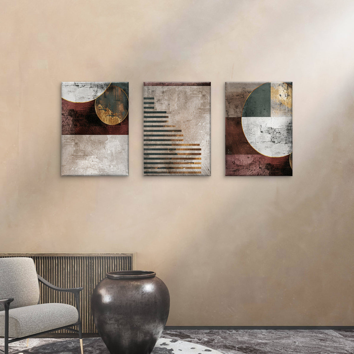 3pcs Geometric Abstract Burgundy Green Gold Wall Art Set Canvas Framed 60x90cm - High Quality Print 100% Australian Made Wall Canvas Ready to Hang